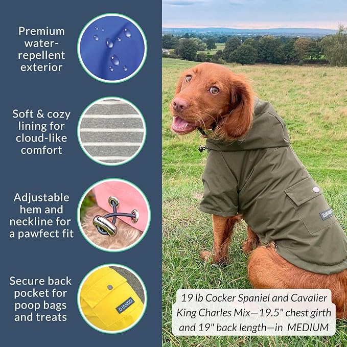 DJANGO Highland Dog Jacket & Raincoat – Water-Repellent, Lined Dog Coat with Hood, Adjustable Fit & Harness Hole – Lightweight Rain & Wind Jacket for Small & Medium Dogs up to 30 lbs (Blue, Small)