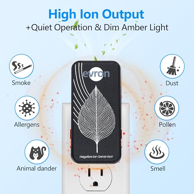 Air Ionizers for Home, Ultra-Thin Filterless Plug-In Negative Ion Generator, Foldable Plug & Dim Amber Light, 20M Ions/Sec, Up to 400 sq ft Coverage (1, Black)