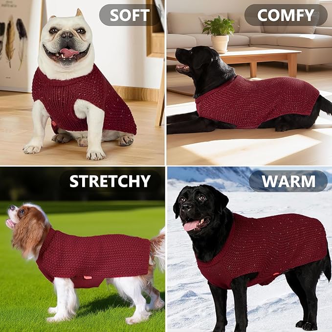 KYEESE Dog Sweater for Large Dogs with Leash Hole Warm Pullover with Reflective Yarn Male Thick Stretchy Knitwear Winter Soft Pet Coat boy for Cold Weather Comfy Dog Sweaters, Dark Red,XXX-Large