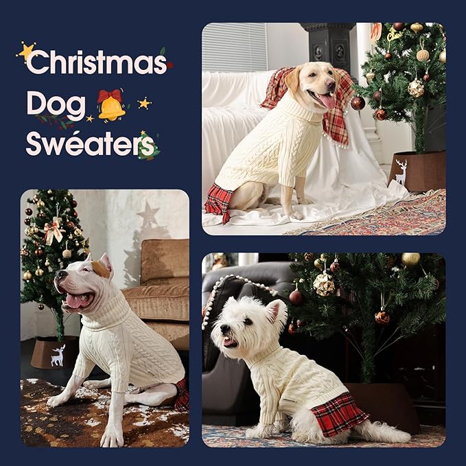 IECOii Girl Dog Sweater Dress, Great Dane Sweaters for Girl Dogs, Beige,5XL, Extra Large Dog Sweater for Female Dogs Pet Winter Dress for Giant Breeds - Xmas Turtleneck Knitwear for Cold Weather