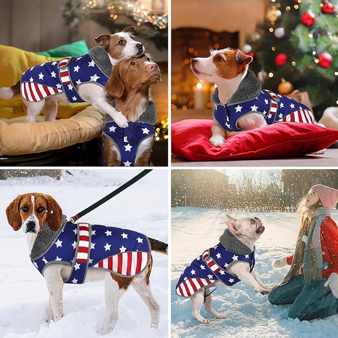 Dogcheer Dog Coat, American Flag Dog Jacket Waterproof Puppy Winter Coat for Cold Weather, Reflective Adjustable Pet Snow Jacket Fleece Sweater for Small Medium Large Dogs - USA Flag, M