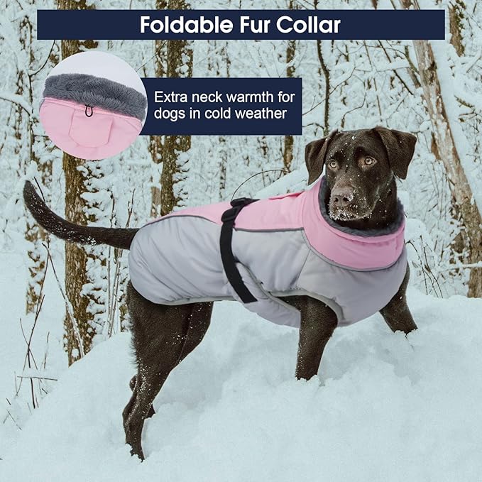 IECOii Dog Coat for Large Dogs, Reflective & Adjustable Turtleneck Jacket with Buckle, Thermal Fleece Lined Dog Snowsuit for Cold Weather - Soft Dogs Winter Coat Windproof Warm Vest, Pink, L