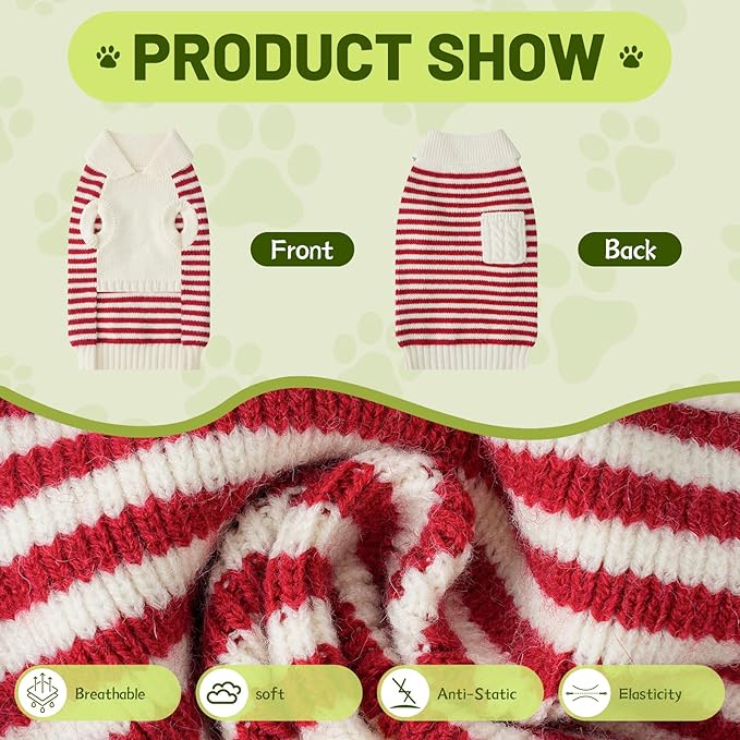 Small Dog Sweater, Knitted Striped Pullover Dog Clothes for Cold Weather, Thick Warm Cozy Stretchy Sweater for Chihuahua, Bulldog, Dachshund, Pug(Red & White Strip, L)