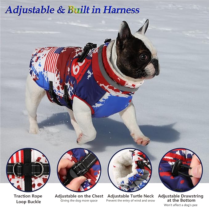 Dogcheer Dog Winter Coat, American Flag Dog Jacket with Harness, Adjustable Puppy Coat with Zipper, Waterproof Pet Fleece Jacket Snowsuit for Small Medium Large Dogs - US Flag XS