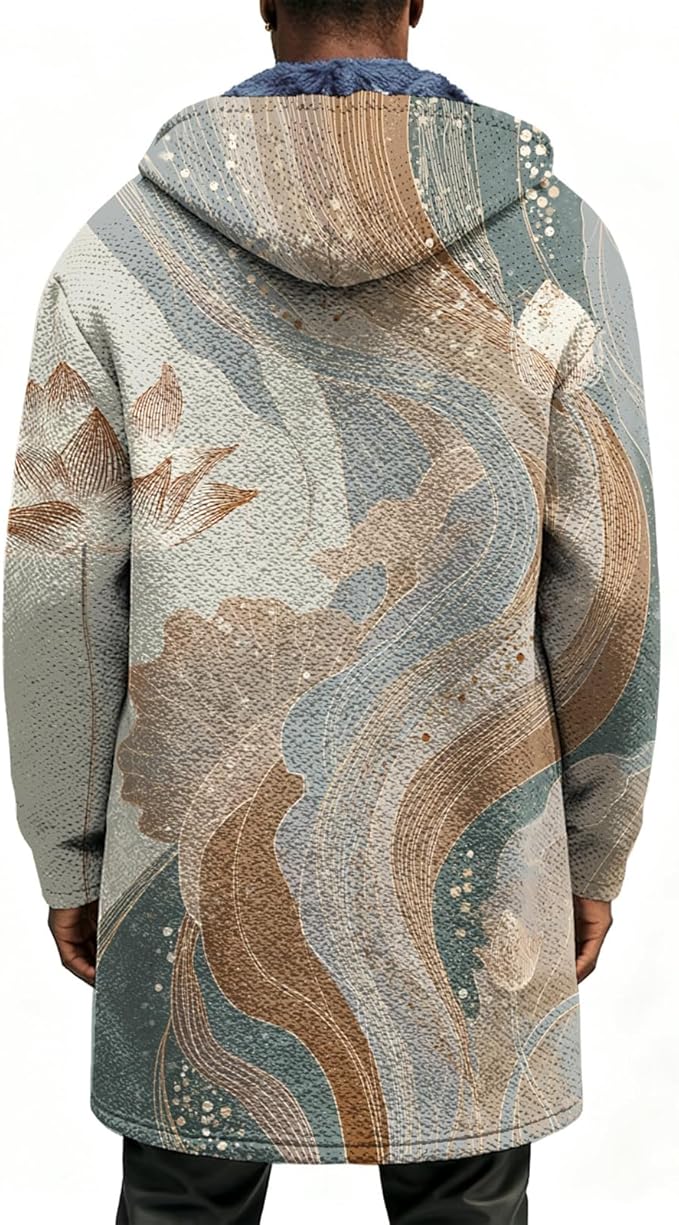 Mens Long Cardigan Hoodies Full Zip Fleece Lined Jackets Fashion Knitted Color Block Hooded Coat with Pockets