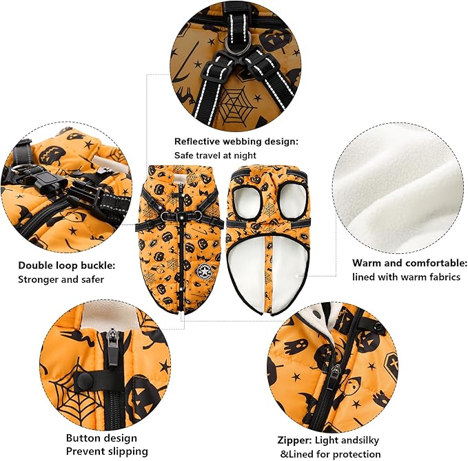 Aiboria Dog Jackets Windproof Outfit Coat Dog Vest Harness Puppy Warm Jacket Halloween Orange S