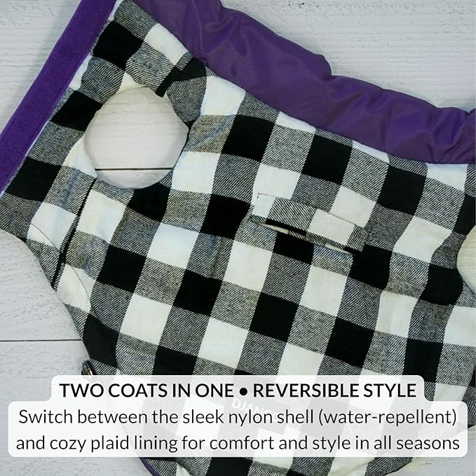 DJANGO Reversible Puffer Dog Coat – Warm Winter Dog Jacket & Water-Repellent Insulated Dog Coat w/Harness Hole, Windproof, Adjustable Fit for Small & Medium Dogs, Dachshunds – Violet Purple, Large