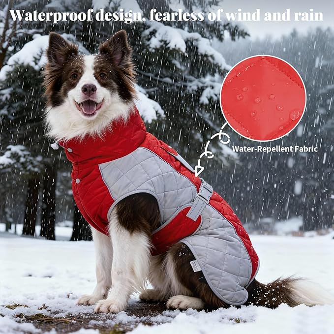 Dog Coat Dogs Winter Coat- Fleece Lined,Water-Resistant,Convertible Collar,Back Reflective Strip&Easy to Wear for Outdoor Walking Dog-Jacket(Red, Small)