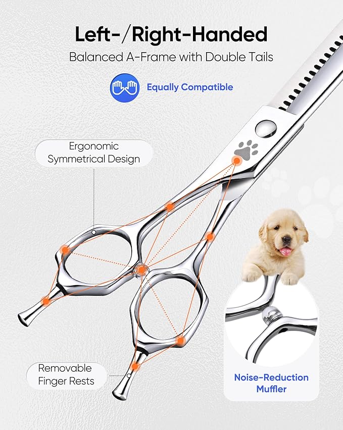ULG Professional Dog Grooming Scissors 7.5” Straight Chunker Shear 65%-75% Thinning Rate 440C Japanese Stainless Steel Tension Adjustable Left & Right Handed Pet Grooming Shears