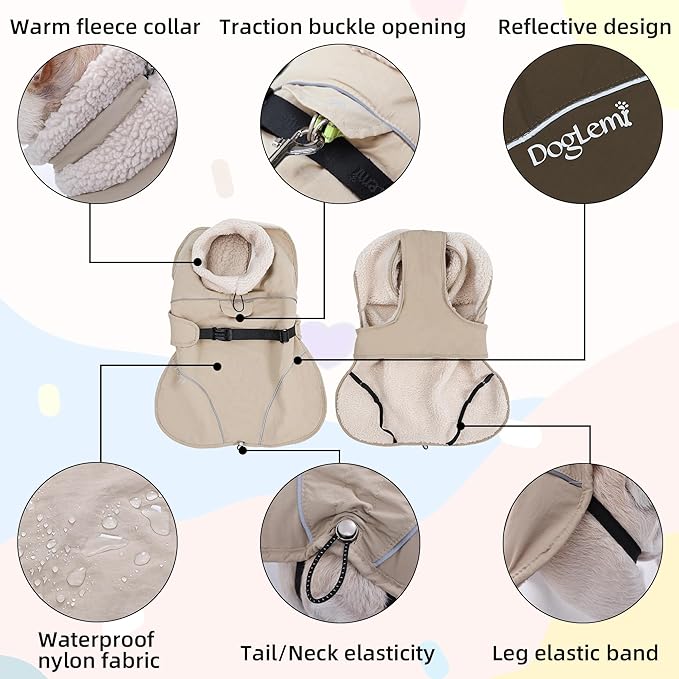 Adjustable Dog Coat with Harness Slot, Waterproof Fleece Lined Winter Jacket, Windproof Reflective Pet Vest for Cold Weather for Small Medium Large Dogs (Black, Large)
