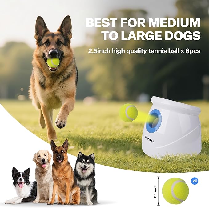 Pet Prime Automatic Ball Launcher for Large Dogs，Adjustable 10-40ft Distance,Rechargeable Dog Ball Thrower with 6 Tennis Balls(2.5") & Training Whistle,Interactive Toy for Indoor/Outdoor Play