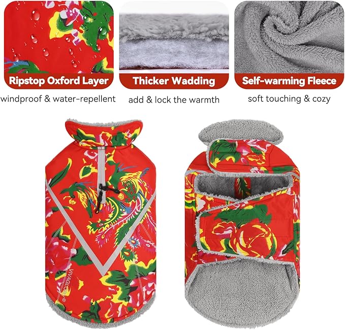 VIVAGLORY Snowrap Dog Coat, Jacket with Harness Hole & Velcro Closure, Dog Coat for Winter & Cold Weather, Fluffy Warm Fleece Lined Reflective Water Resistant for Puppy, L, Northeast Florals-Red