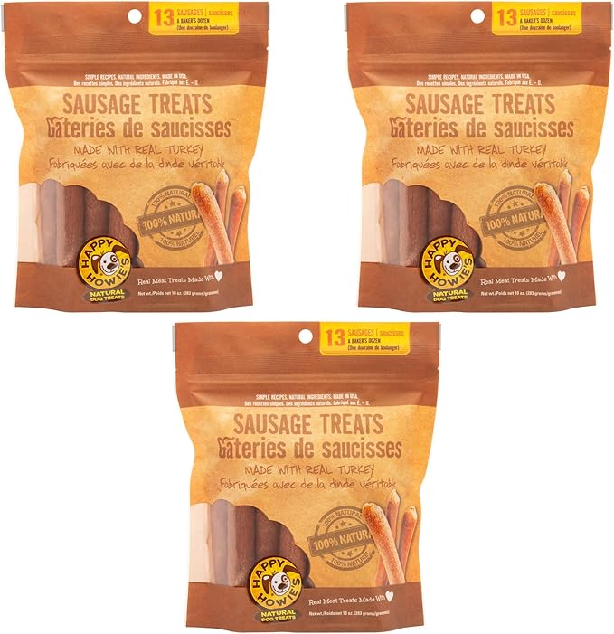 Happy Howie's Sausage Treats - Healthy Dog Treats, Flavorful, Slow Cooked, Natural Ingredients, Chewy, Hormone Free - Turkey, (Pack of 3)
