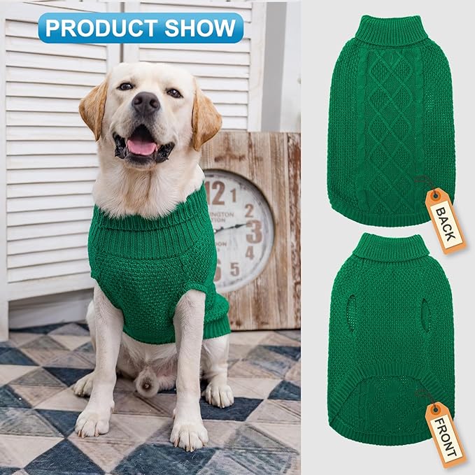 Mihachi Turtleneck Dog Sweater - Winter Coat Apparel Classic Cable Knit Clothes with Leash Hole for Cold Weather, Ideal Gift for Pet in New Year Green 3XL