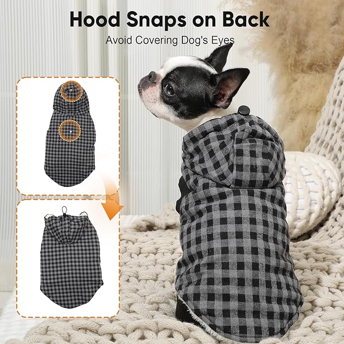 Fleece Lining Dog Hoodie for Small Dogs Extra Warm Plaid Sweater with Drawstring Hooded Coats in Winter Puppy Jacket,Black S