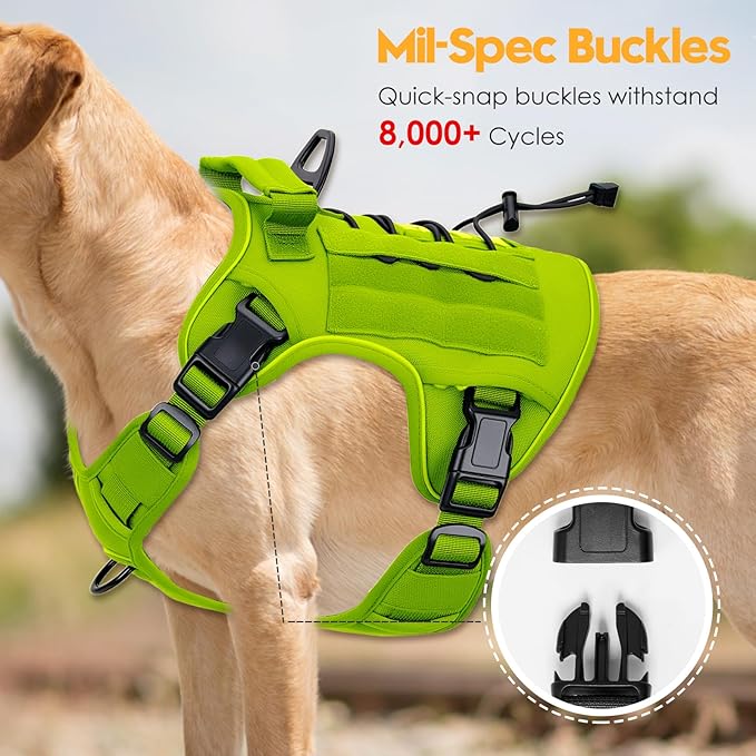 Heavy-Duty Tactical Dog Harness for Large Dogs, No Pull Adjustable Reflective Pet Vest with Molle System, K9 Military-Grade Control for Service Training, Outdoor & 10+ Breeds, Wild Lime, X-Large