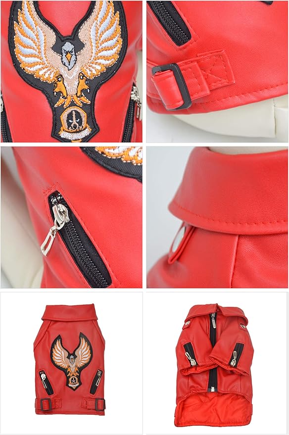 Lovelonglong Cool Dog Leather Jacket, Warm Coats Dogs Windproof Cold Weather Coats for Large Medium Small Dogs with Eagle Embroidery Red L-M
