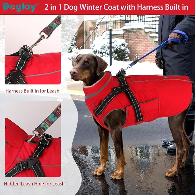 Doglay 2 in 1 Dog Coat with Harness Built-in, Waterproof Dog Winter Jacket with Pocket & Poop Bags, Reflective Adjustable Pet Winter Coat for Small, Medium, Large Dogs