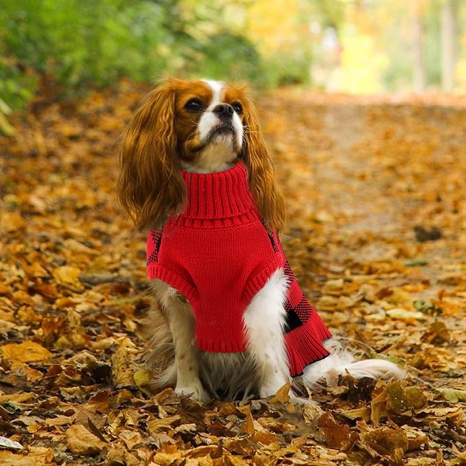 Dog Sweater Dress Plaid Knitwear for Small Medium Dogs Warm Puppy Pet Turtleneck Stretch Pullover Cute Fall Winter Vest Clothes with Leash Hole for Christmas (Red, 2XS)