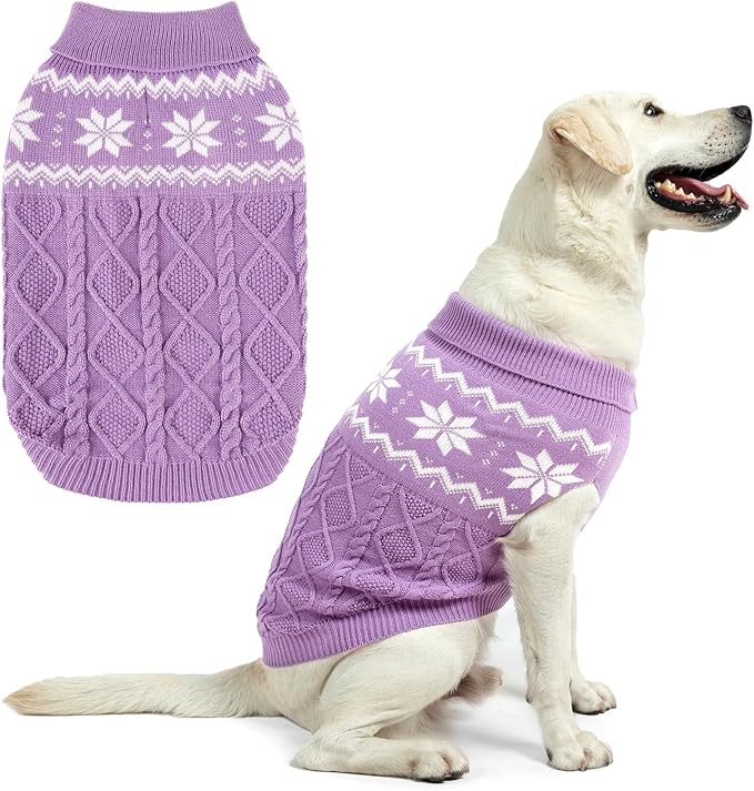 Warm Winter Dog Sweater - Cold Weather Pet Clothes for Small Medium Large Dogs Indoor Outdoor, Soft Classic Knit Puppy Apparel, Purple, L