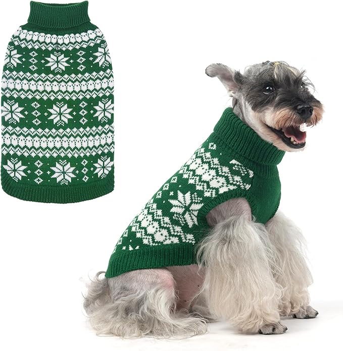 KOOLTAIL Cable Knit Dog Sweater Turtleneck, Cold Weather Pullover Classic Knitwear, Snowflake Pattern Thick Warm Winter Pet Clothes, Dog Christmas Sweater for Small Medium Large Dogs Cats, Green M