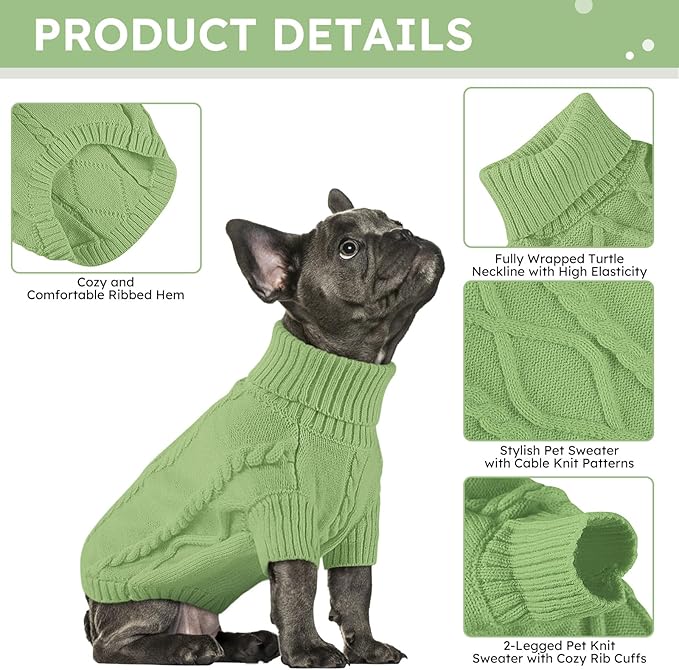 Queenmore Small Dog Pullover Sweater, Cold Weather Cable Knitwear, Classic Turtleneck Thick Warm Clothes for Chihuahua, Bulldog, Dachshund, Pug, Yorkie (Green, X-Large)