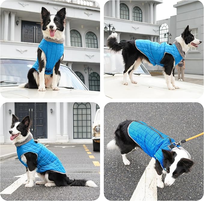 Warm Fleece Dog Coats with Durable Harness Buitl in D-Ring,Waterproof Doggie Jacket for Medium Dogs,Dog Vest for Cold Winter,Light Blue L
