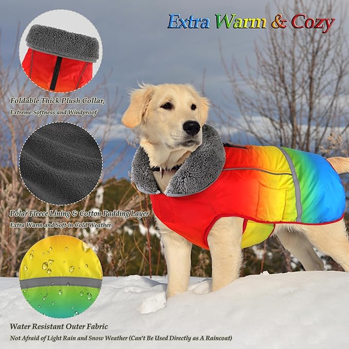 Dogcheer Warm Dog Coat, Waterproof Dog Winter Jacket Christmas Puppy Cold Weather Coats with Buckle, Reflective Adjustable Pet Snow Jacket for Small Medium Large Dogs - Gradient Red-Yellow, XL
