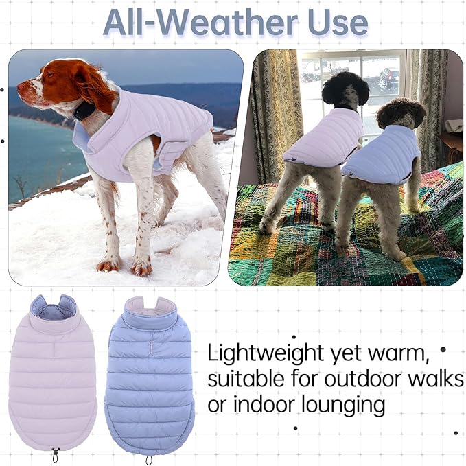 Lelepet Reversible Dog Coat Waterproof Dog Jacket Windproof Puffer Vest for Winter Warm Lightweight Coats for Small Dogs Adjustbale Hook & Loop Pet Apparel with Leash Hole, Pug, Purple, M