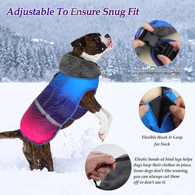 Dogcheer Warm Dog Coat, Waterproof Dog Winter Jacket Christmas Puppy Cold Weather Coats with Buckle, Reflective Adjustable Pet Snow Jacket for Small Medium Large Dogs - Gradient Blue-red, 3XL