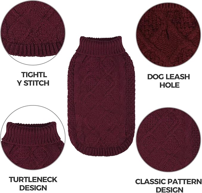 Mihachi Turtleneck Dog Sweater - Winter Coat Apparel Classic Cable Knit Clothes with Leash Hole for Cold Weather, Ideal Gift for Pet in New Year Wine Red L