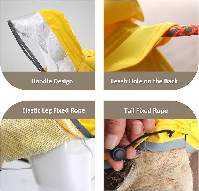 MAMORE Dog Raincoat Waterproof, Lightweight Adjustable Dog Rain Coat Hooded Poncho with Reflective Strip for Large Medium Small Dogs (Yellow, Large)