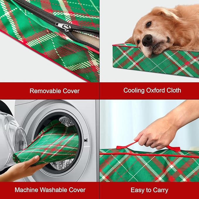 Outdoor Extra Large Dog Bed, Waterproof Dog Bed for Large Dogs, Egg Crate Foam XL Pet Bed with Removable Washable Oxford Cooling Cover, Plaid