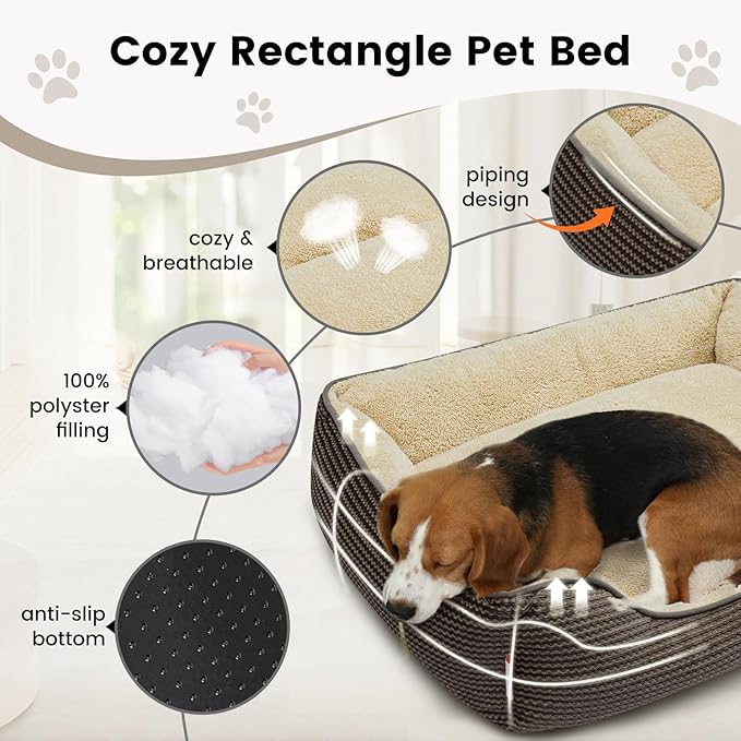 Miguel Dog Bed with Removable Cushion/Pillow for Small Dogs, Washable Pet Bed with Side Easy to Wash Puppy Bed, Rectangle Cat Beds for Indoor Cats with Anti-Slip Bottom, Khaki 20 Inch