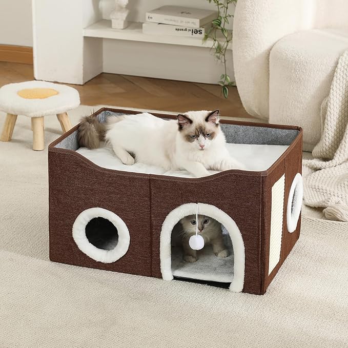 Large Cat Bed for Indoor Cats, Extra Wide Cat Cave House with Scratch Pad and Fluffy Ball, Foldable Cat Hideaway for Kitten Bed, Cat Condo for Cats (Brown, X-Large)