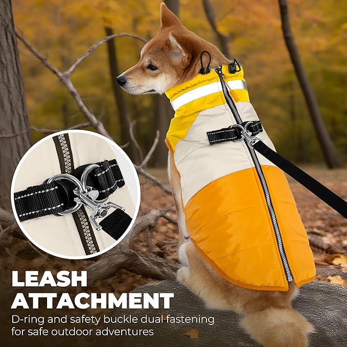 Dog Coats for Small Dogs, Waterproof Warm Dog Winter Jacket with Harness Built in, Reflective Puppy Cold Weather Coats Zip-up Pet Vest with Fleece Lined Dogs Snowsuit, Orange Small
