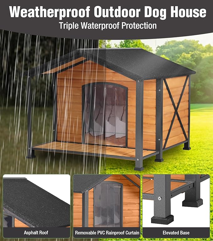 Extra Large Dog House Outdoor with Porch, Weatherproof Wooden Dog Kennel with Asphalt Roof & Full Iron Frame for Large Dogs