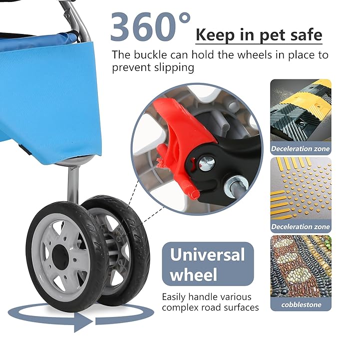 FDW Pet Stroller 3-Wheel Durable Foldable Cat Dog Stroller with Washable Liner Storage Basket Cup Holder,Blue