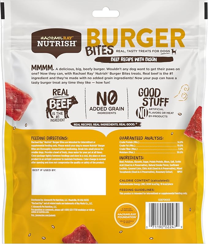 Nutrish Rachael Ray Burger Bites Dog Treats, Beef Recipe with Bison, 12 oz. Pouch