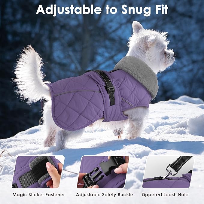 Dog Coat, Waterproof Dog Winter Jacket with Adjustable Buckle, Reflective Turtleneck Pet Snow Vest Warm Fleece Sweater for Small Medium Large Dogs - Purple, M