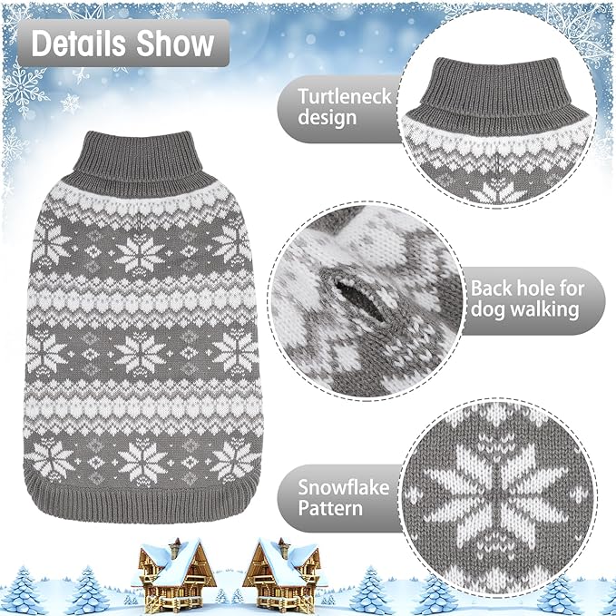 KOOLTAIL Cable Knit Dog Sweater Turtleneck, Cold Weather Pullover Classic Knitwear, Snowflake Pattern Thick Warm Winter Pet Clothes,Dog Christmas Sweater for Small Medium Large Dogs,Grey SM