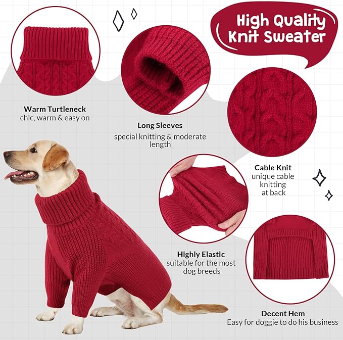 Queenmore Dog Sweater, Puppy Sweater for Small Dogs,Warm Winter Fall Dog Sweaters for Dog Girls Boys, Solid Turtleneck Knit Sweater for Large Medium Dogs,Long Sleeves Christmas Dog Sweater Red,S