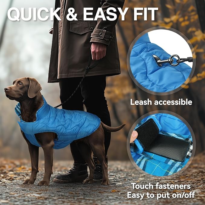VIVAGLORY Softjoy Dog Coat, Dog Jacket for Winter & Christmas, Coat with Harness Hole & Velcro Closure, Reversible Plaid Checkered Warm Fluffy Heavy Duty for Puppy, M, Blue