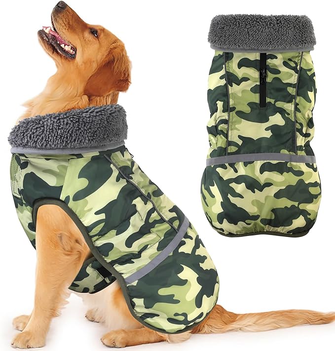 Dogcheer Warm Dog Coat, Waterproof Dog Jacket Reflective Adjustable Puppy Winter Coat with Buckle, Christmas Pet Snow Jacket Turtleneck Fleece Sweater for Small Medium Large Dogs- Camo Green, L