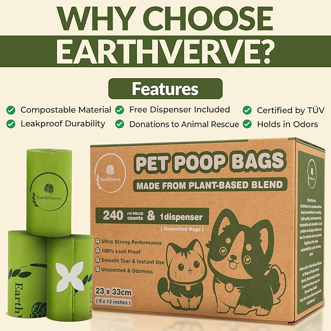 Dog & Cat Compostable Poop Bags (240 Counts w/Dispenser) - Plant Based, Enhanced Leak-Resistant, Odor-Resistant & Durable – Unscented,Sustainable Cleanup Solution –10% to Animal Rescue