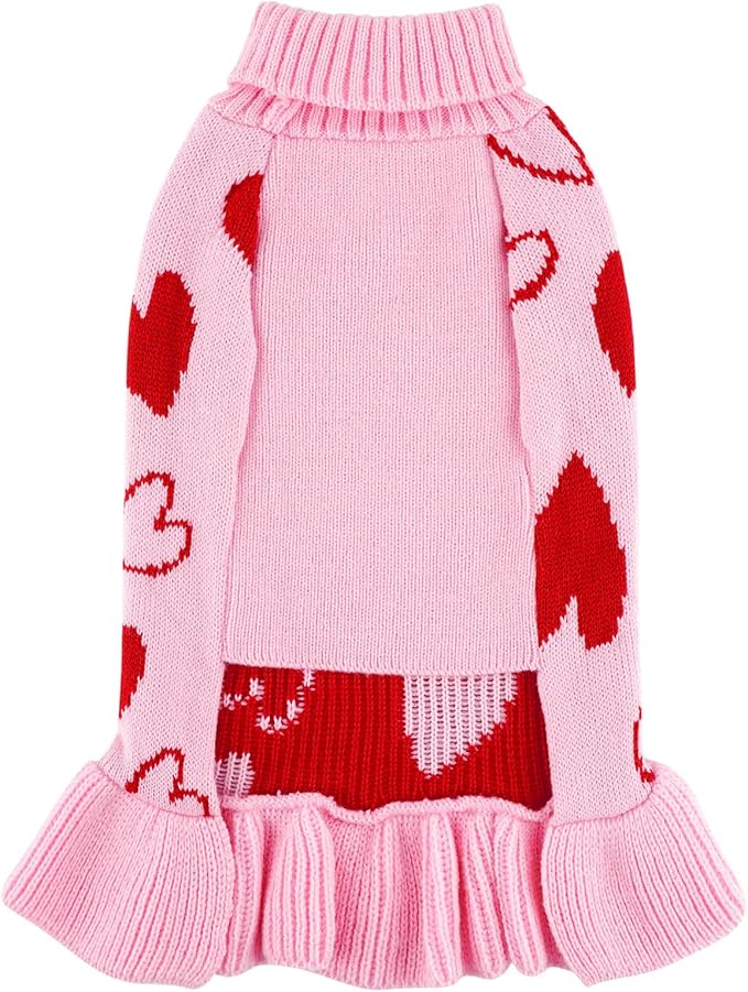 cyeollo Valentines Day Dog Sweater Dress Dog Clothes Pullover Turtleneck with Leash Hole Heart Pattern Holiday Theme Female Pet Apparel for Small Dogs