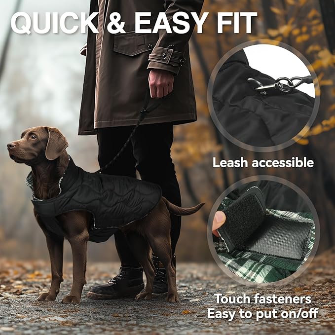 VIVAGLORY Softjoy Dog Coat, Dog Jacket for Winter & Christmas, Coat with Harness Hole & Velcro Closure, Reversible Plaid Checkered Warm Fluffy Heavy Duty for Puppy, XL, Green
