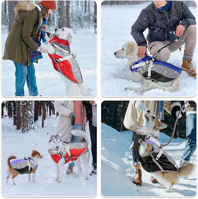SlowTon Dog Jacket with Harness Built in - Waterproof Fleece Winter Warm Dog Coats for Small Medium Dogs, Reflective Adjustable Furry Puppy Vest Clothes for Outdoor Walking (Blue,L)