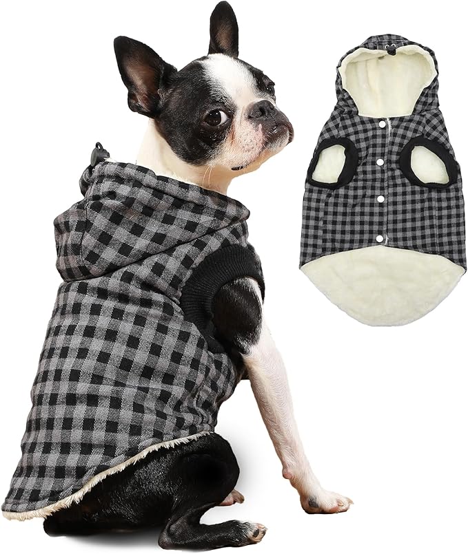 Fleece Lining Dog Hoodie for Small Dogs Extra Warm Plaid Sweater with Drawstring Hooded Coats in Winter Puppy Jacket,Black XS
