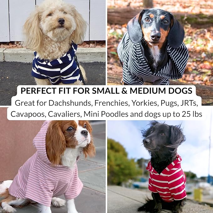 DJANGO Dog Hoodie – Warm, Lightweight, Soft & Stretchy Dog Sweater with Hood, Harness Hole & Elastic Waistband – Cozy Sweatshirt for Small Dogs up to 25 lbs, Dachshunds & Puppies – Navy Blue, Medium